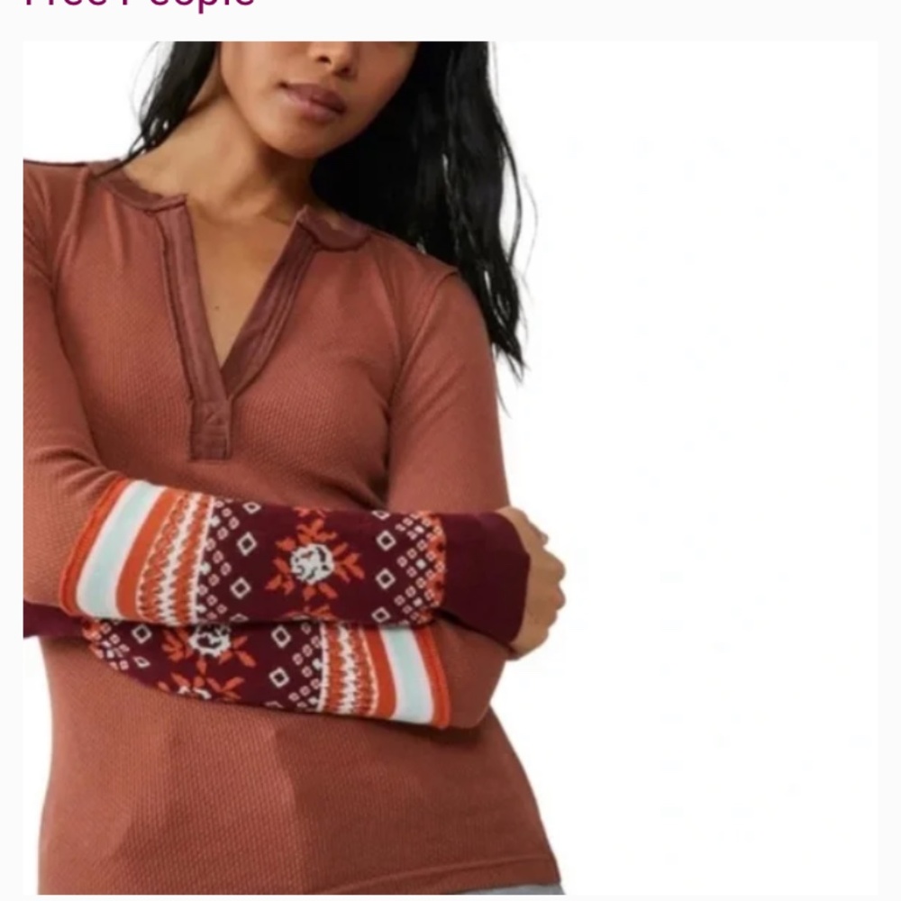 FP We the Free Love Layering Cuff Knit Long Sleeve Embroidery V S SM Rust autumn